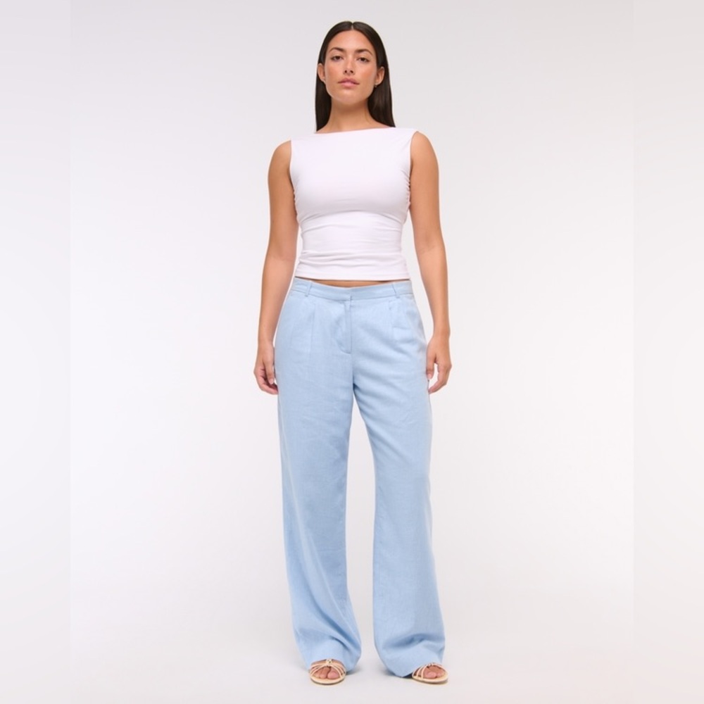 Abercrombie Curve Love Sloane Low Rise Wide Leg Tailored Linen Pant 32L Sky Blue
